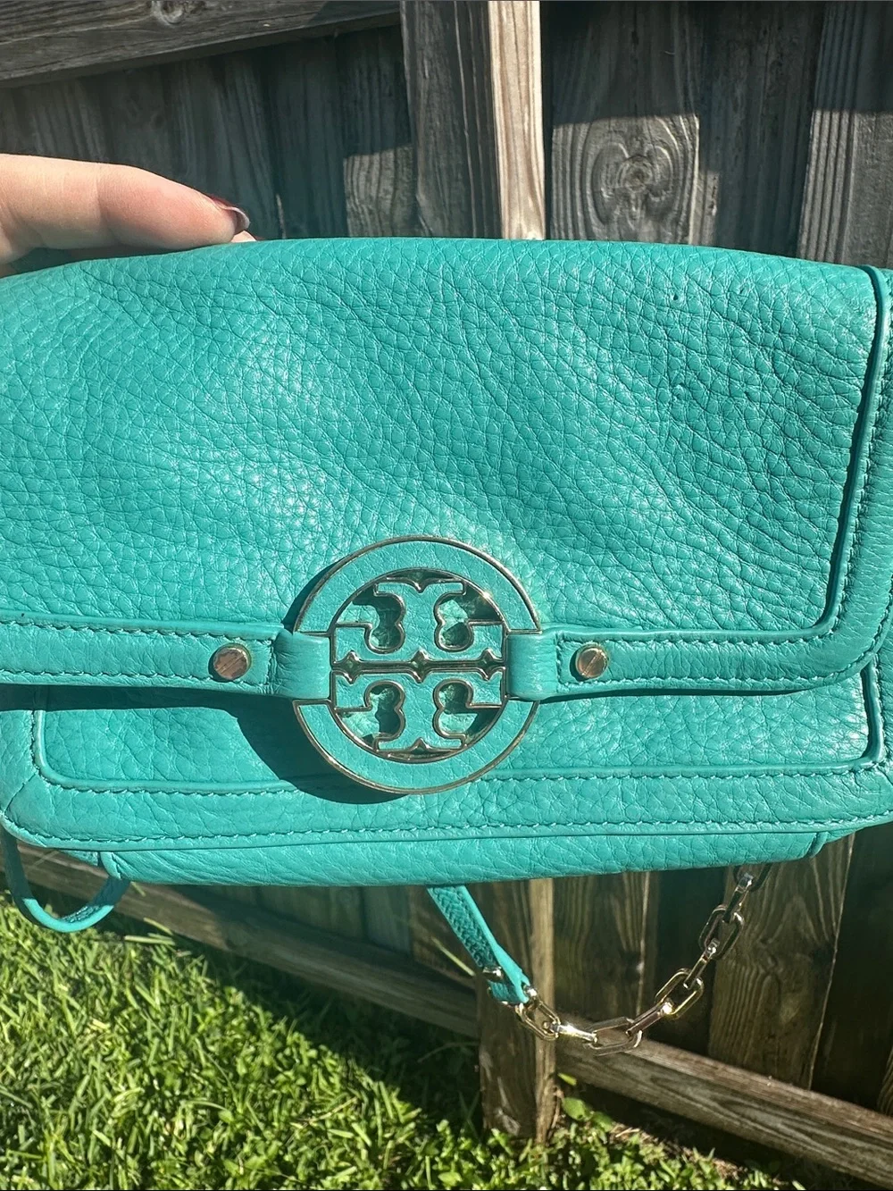 Tory Burch Turquoise Leather Crossbody with Gold Chain